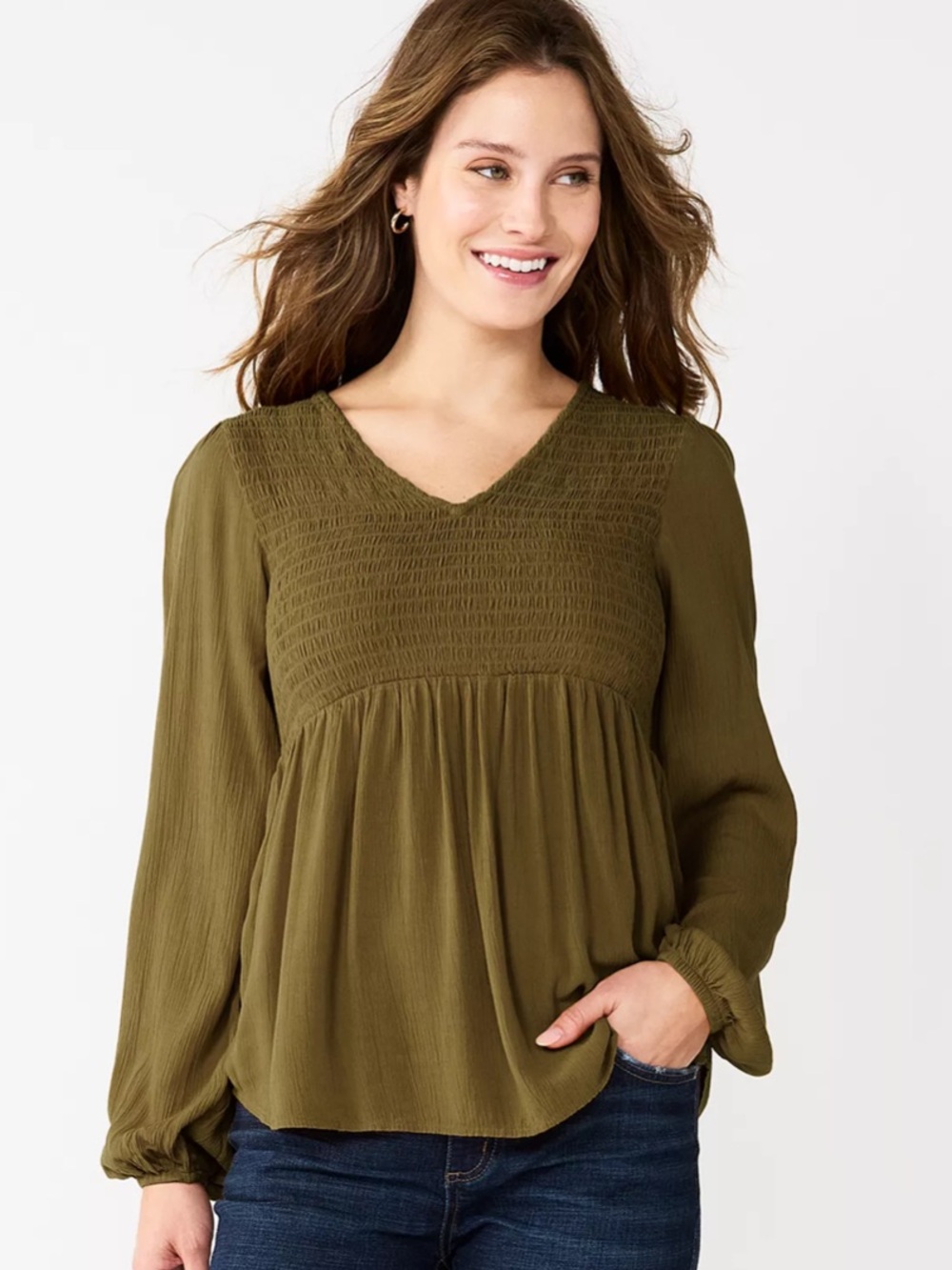 Sonoma Smocked Bodice Boho Peasant Blouse Olive Green NWT